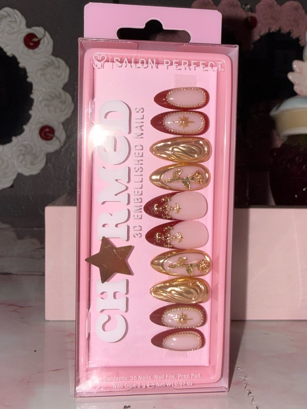 Charmed 3D Embellished Press-On Nails in Pink, Burgundy & Gold - Picture 6 of 8